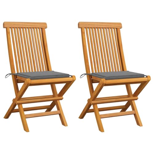 Gartenstühle mit Grau Kissen, 2er Set, Klappbar Küchenstühl mit Rückenlehne für Balkon Terrasse, Tragbar, Braun 47 x 60 x 89 cm Massivholz Teak von Makastle