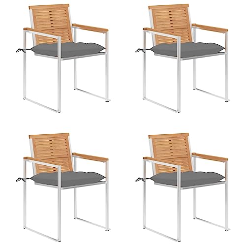 Gartenstühle mit Grau Kissen 4er Ser, Esszimmerstühle mit Stahlrahmen für Balkon Terrasse, Robust, Braun 60 x 56 x 85 cm Massivholz Teak Gartenstühle mit Grau Kissen 4er Ser, Esszimmerstühle mit Stahlrahmen für Balkon Terrasse, Robust, Braun 60 x 56 x 85 cm Massivholz Teak von Makastle