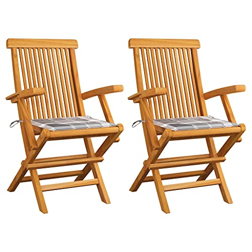 Gartenstühle mit Grau kariert Kissen, 2er Set, Hochlehner-Stuhl Klappbar mit Armlehne für Balkon Terrasse, Licht, Braun 55 x 60 x 89 cm Massivholz Teak Gartenstühle mit Grau kariert Kissen, 2er Set, Hochlehner-Stuhl Klappbar mit Armlehne für Balkon Terrasse, Licht, Braun 55 x 60 x 89 cm Massivholz Teak von Makastle