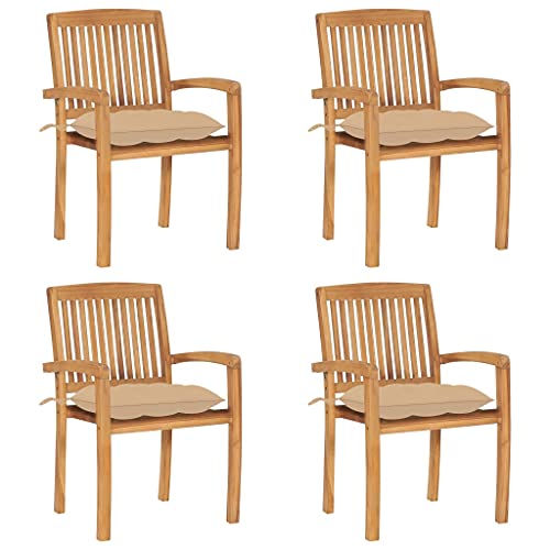 Gartenstühle mit Holzrahmen, 4er Set, Esszimmerstühle mit Beige Kissen für Balkon Terrasse, langlebig, Braun 60 x 57.5 x 90 cm Massivholz Teak von Makastle