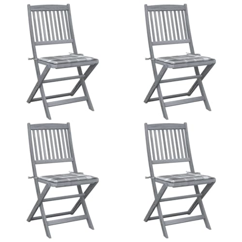 Gartenstühle mit Lattenrost-Rückenlehne 4er Set, Klappbare Essstühle mit Grau kariert Kissen für Balkon Terrasse, Massivholz Akazie 48.5 x 57 x 91 cm Grau Gartenstühle mit Lattenrost-Rückenlehne 4er Set, Klappbare Essstühle mit Grau kariert Kissen für Balkon Terrasse, Massivholz Akazie 48.5 x 57 x 91 cm Grau von Makastle