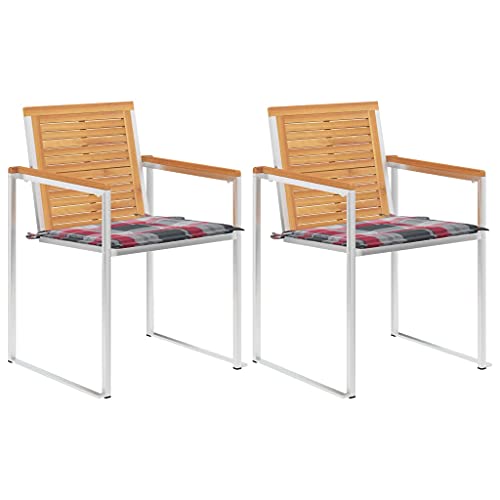 Gartenstühle mit Rot kariert Kissen 2er Ser, Esszimmerstühle mit Metallbeine für Balkon Terrasse, Haltbarkeit, Braun 60 x 56 x 85 cm Massivholz Teak von Makastle