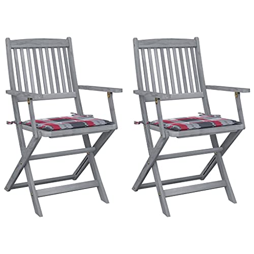 Gartenstühle mit Rot kariert Sitzkissen 2er Set, Leicht Esszimmerstühle Klappbare für Balkon Terrasse, Langlebig, Massivholz Akazie 54 x 57 x 91 cm Grau Gartenstühle mit Rot kariert Sitzkissen 2er Set, Leicht Esszimmerstühle Klappbare für Balkon Terrasse, Langlebig, Massivholz Akazie 54 x 57 x 91 cm Grau von Makastle