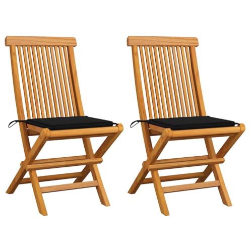 Gartenstühle mit Schwarz Kissen, 2er Set, Klappbar Küchenstühl mit Rückenlehne für Balkon Terrasse, Tragbar, Braun 47 x 60 x 89 cm Massivholz Teak von Makastle