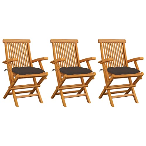 Gartenstühle mit Taupe Kissen, 3er Set, Klappbar Angelstuhl mit Rückenlehne für Balkon Terrasse, Platz sparen, Braun 55 x 60 x 89cm Massivholz Teak von Makastle