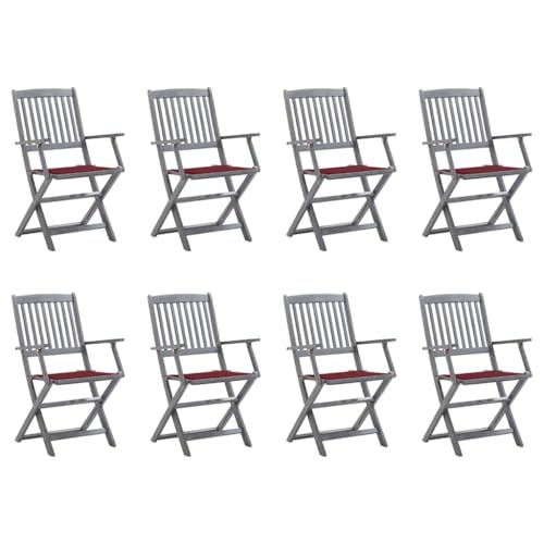 Gartenstühle mit Weinrot Sitzkissen 8er Set, Leicht Esszimmerstühle Klappbare für Balkon Terrasse, Langlebig, Massivholz Akazie 54 x 57 x 91 cm Grau von Makastle