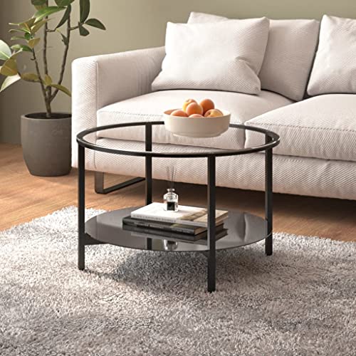 Glastisch Beistelltisch Rund Sofatisch mit 1 Ablage, Couchtisch für Schlafzimmer Wohnzimmer, Metallgestell, Schwarz und Transparent 70 cm Hartglas von Makastle