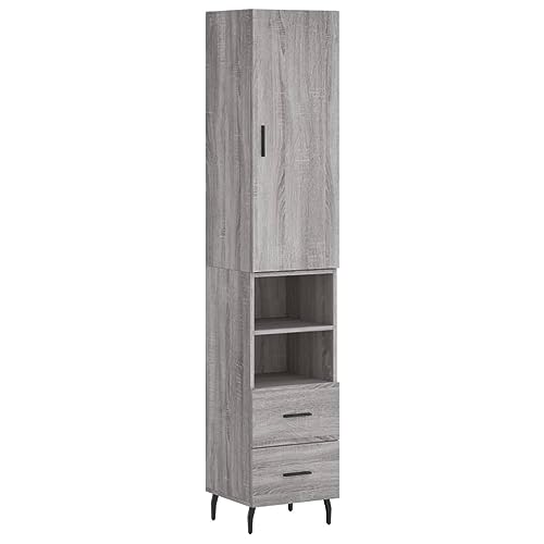 Highboard mit 1 Tür und 5 Fächer, Aktenschrank mit 2 Schubladen und Metallfüße für Wohnzimmer Esszimmer, Grau Sonoma 34,5x34x180 cm Holzwerkstoff von Makastle