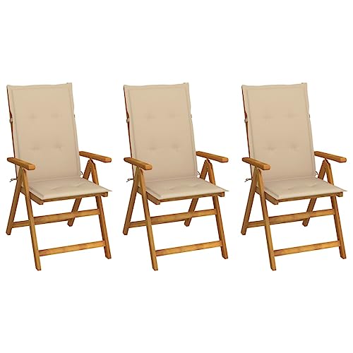 Klappbare Gartenstühle mit Armlehnen 3er Set, Hochlehner-Stuhl mit Beige Auflagen für Balkon Terrasse, Massivholz Akazie 57 x 69 x 111 cm Natur von Makastle