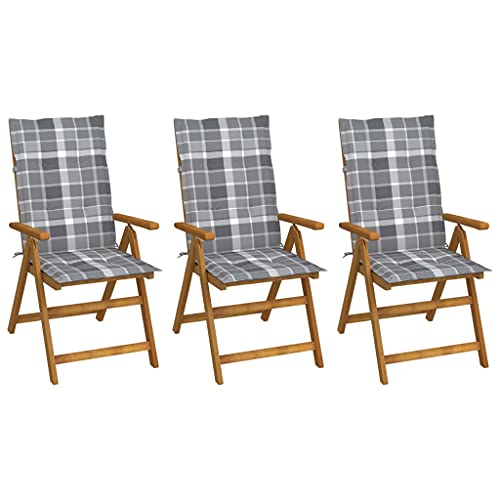 Klappbare Gartenstühle mit Armlehnen 3er Set, Hochlehner-Stuhl mit Grau Karierte Auflagen für Balkon Terrasse, Massivholz Akazie 57 x 69 x 111 cm Natur von Makastle