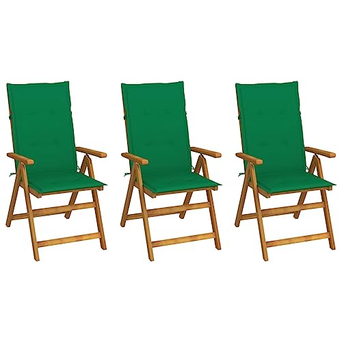 Klappbare Gartenstühle mit Armlehnen 3er Set, Hochlehner-Stuhl mit Grün Auflagen für Balkon Terrasse, Massivholz Akazie 57 x 69 x 111 cm Natur von Makastle