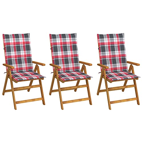 Klappbare Gartenstühle mit Armlehnen 3er Set, Hochlehner-Stuhl mit Rot Karierter Auflagen für Balkon Terrasse, Massivholz Akazie 57 x 69 x 111 cm Natur Klappbare Gartenstühle mit Armlehnen 3er Set, Hochlehner-Stuhl mit Rot Karierter Auflagen für Balkon Terrasse, Massivholz Akazie 57 x 69 x 111 cm Natur von Makastle