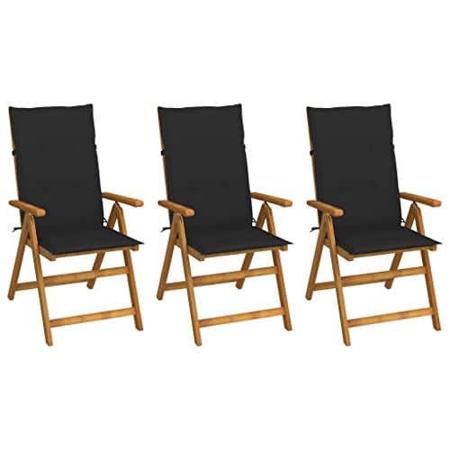 Klappbare Gartenstühle mit Armlehnen 3er Set, Hochlehner-Stuhl mit Schwarz Auflagen für Balkon Terrasse, Massivholz Akazie 57 x 69 x 111 cm Natur von Makastle