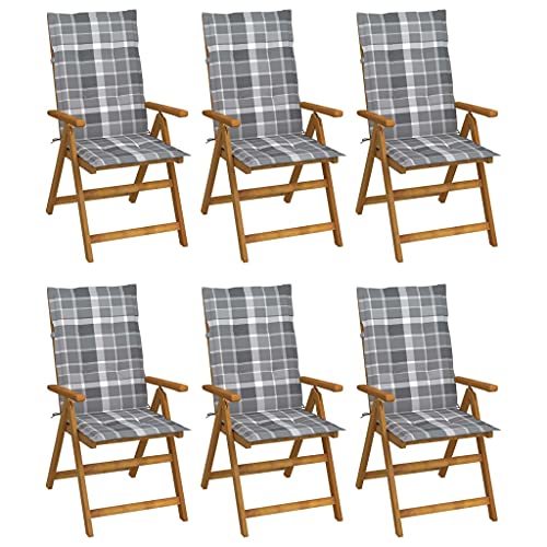 Klappbare Gartenstühle mit Armlehnen 6er Set, Hochlehner-Stuhl mit Grau Karierte Auflagen für Balkon Terrasse, Massivholz Akazie 57 x 69 x 111 cm Natur von Makastle