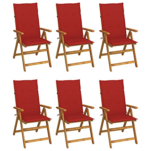 Klappbare Gartenstühle mit Armlehnen 6er Set, Hochlehner-Stuhl mit Rot Auflagen für Balkon Terrasse, Massivholz Akazie 57 x 69 x 111 cm Natur von Makastle