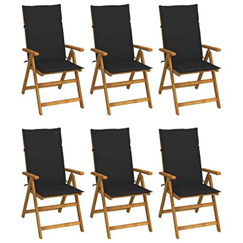 Klappbare Gartenstühle mit Armlehnen 6er Set, Hochlehner-Stuhl mit Schwarz Auflagen für Balkon Terrasse, Massivholz Akazie 57 x 69 x 111 cm Natur von Makastle