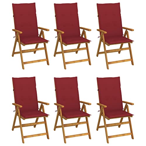 Klappbare Gartenstühle mit Armlehnen 6er Set, Hochlehner-Stuhl mit Weinrot Auflagen für Balkon Terrasse, Massivholz Akazie 57 x 69 x 111 cm Natur von Makastle