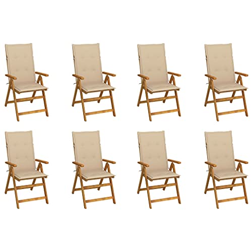 Klappbare Gartenstühle mit Armlehnen 8er Set, Hochlehner-Stuhl mit Beige Auflagen für Balkon Terrasse, Massivholz Akazie 57 x 69 x 111 cm Natur von Makastle