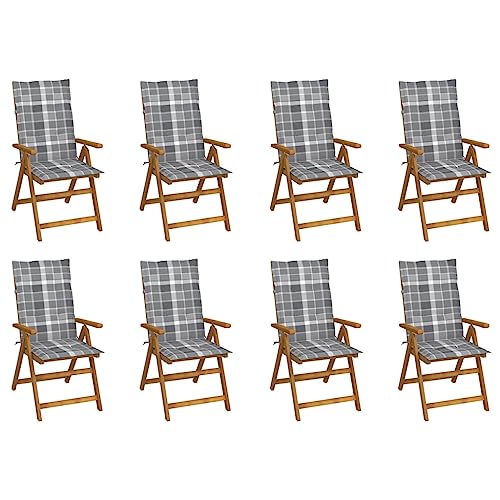 Klappbare Gartenstühle mit Armlehnen 8er Set, Hochlehner-Stuhl mit Grau Karierte Auflagen für Balkon Terrasse, Massivholz Akazie 57 x 69 x 111 cm Natur von Makastle