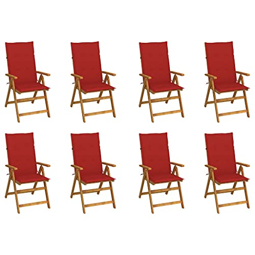 Klappbare Gartenstühle mit Armlehnen 8er Set, Hochlehner-Stuhl mit Rot Auflagen für Balkon Terrasse, Massivholz Akazie 57 x 69 x 111 cm Natur von Makastle