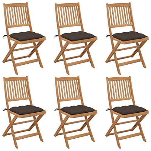 Klappbare Gartenstühle mit Dickes Sitzkissen 6er Set, Veranda-Stuhl Hochlehner für Balkon Terrasse, Kratzfest, Massivholz Akazie 48.5 x 57 x 91 cm Taupe von Makastle