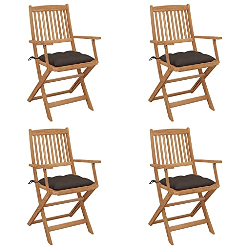 Klappbare Gartenstühle mit Holzrahmen 4er Set, Armlehnensessel mit Dicke Sitzpolster für Balkon Terrasse, Massivholz Akazie 54 x 57 x 91 cm Taupe von Makastle
