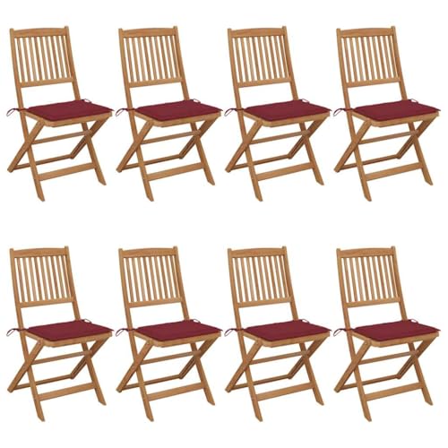 Klappbare Gartenstühle mit Weinrot Kissen 8er Set, Veranda-Stuhl Hochlehner für Balkon, Terrasse, Kratzfest, Braun 48.5 x 57 x 91 cm Massivholz Akazie von Makastle