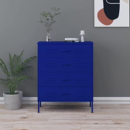 Kommode Schrank Metall mit 4 Schubladen, Metallschrank Aufbewahrungsschrank Standschrank Komodenschrank für Wohnzimmer Arbeitszimmer, Marineblau 80x35x101,5 cm von Makastle
