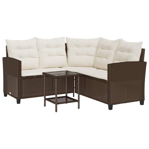 L-förmiges Gartensofa mit Glastisch & Cremeweiß Kissen, Ecksofa mit Rückenlehne & Armlehne für Terrasse Balkon, Braun 146 x 146 x 76 cm Poly Rattan von Makastle