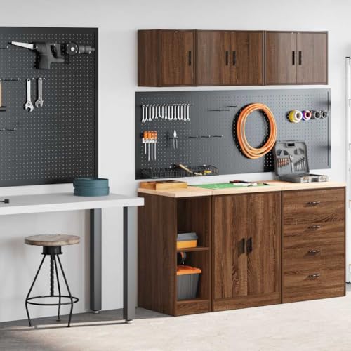 Makastle 2er Set Beistellschrank, Hängeschrank Werkzeugschrank Wandhängeschrank Badezimmerschrank für Garage Werkstatt Küche, Braun Eichen-Optik Holzwerkstoff von Makastle