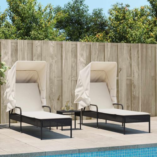Makastle 3er-Set Gartenmöbel, Garten Sonnenliegen mit Auflagen, Dach und Tisch, Gartenliege Freizeitliege Relaxliege Liegestuhl für Garten Balkon, Schwarz Poly-Rattan von Makastle