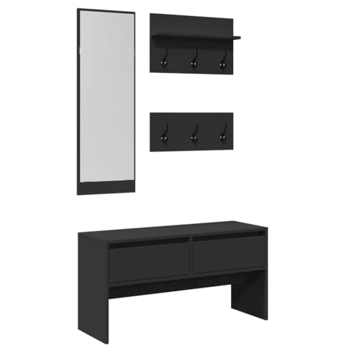Makastle 4-TLG. Garderoben-Set mit Spiegel & Wandgarderobe, Flurhocker mit Schublade für Flur Eingangsbereich, Schwarz 90 x 31 x 46.5 cm Holzwerkstoff von Makastle
