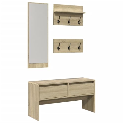 Makastle 4-TLG. Garderoben-Set mit Spiegel & Wandgarderobe, Flurhocker mit Schublade für Flur Eingangsbereich, Sonoma-Eiche 90 x 31 x 46.5 cm Holzwerkstoff von Makastle