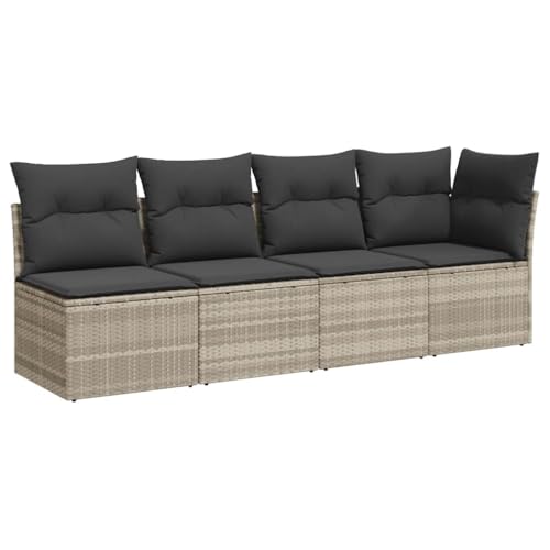 Makastle 4er Set Gartensofa mit Rückenlehne, Polyrattan-Stuhl mit Dunkelgrau Kissen und Stahlrahmen für Terrasse Balkon, UV-beständig, Hellgrau 227 x 62 x 69 cm von Makastle