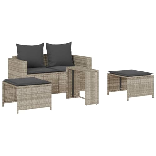 Makastle 5er Set Garten-Sofagarnitur mit Hocker und Tische, Polyrattan-Stuhl Stapelbar mit Dunkelgrau Kissen für Terrasse Balkon, Hellgrau 63 x 63,5 x 60,5 cm von Makastle