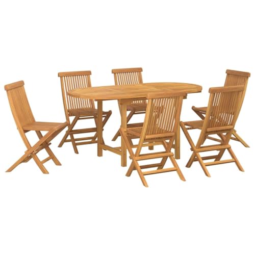 Makastle 7-TLG Garten-Essgruppe, 1 Tisch und 6 Klappstuhl für Patio, Balkon, Terrasse, Poolbereich, Wetterfeste, 160x80x75 cm Braun Teak-Massivholz von Makastle