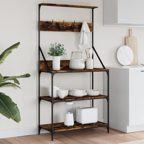 Makastle Bäckerregal mit Haken und 4 Böden, Bäckerregal, Kaffeebar-Station für Küche Wohnzimmer, Leicht zu reinigen, Räuchereiche 84 x 40,5 x 170 cm Holzwerkstoff von Makastle