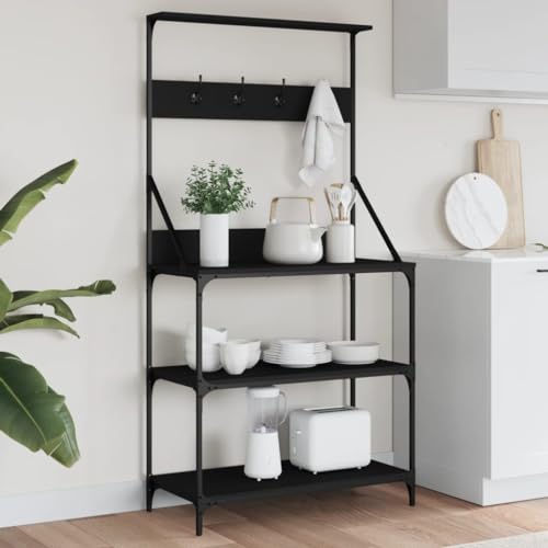 Makastle Bäckerregal mit Haken und 4 Böden, Bäckerregal, Kaffeebar-Station für Küche Wohnzimmer, Leicht zu reinigen, Schwarz 84 x 40,5 x 170 cm Holzwerkstoff von Makastle