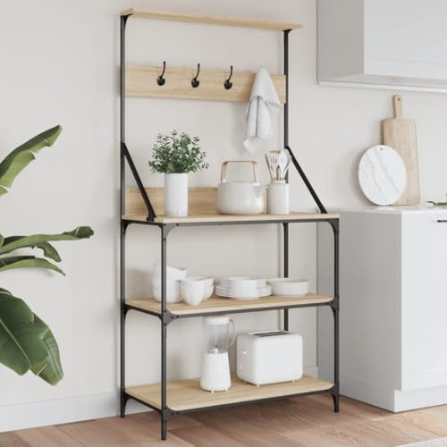 Makastle Bäckerregal mit Haken und 4 Böden, Bäckerregal, Kaffeebar-Station für Küche Wohnzimmer, Leicht zu reinigen, Sonoma-Eiche 84 x 40,5 x 170 cm Holzwerkstoff von Makastle