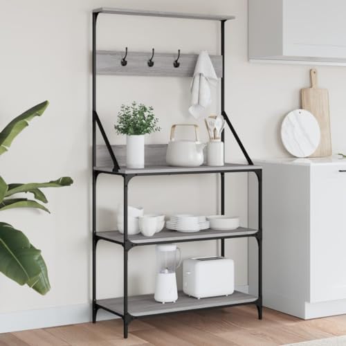 Makastle Bäckerregal mit Haken und 4 Böden, Kaffeebar-Station für Küche Wohnzimmer, Leicht zu reinigen, Grau Sonoma 84 x 40,5 x 170 cm Holzwerkstoff von Makastle