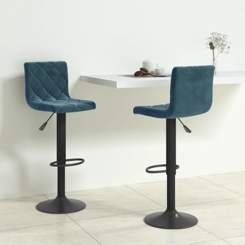 Makastle Barhocker mit Stahlrahmen, 2er Set, Drehbar Bürostuhl mit Rückenlehne und Fußstütze für Esszimmer & Studie, Blau 40 x 43 x (90-111) cm Samt von Makastle