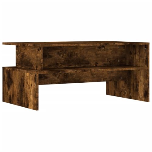 Makastle Couchtisch mit 2 offene Regale, Rechteckiger Beistelltisch für Wohnzimmer Schlafzimmer, Räuchereiche 90x55x42,5 cm Holzwerkstoff von Makastle