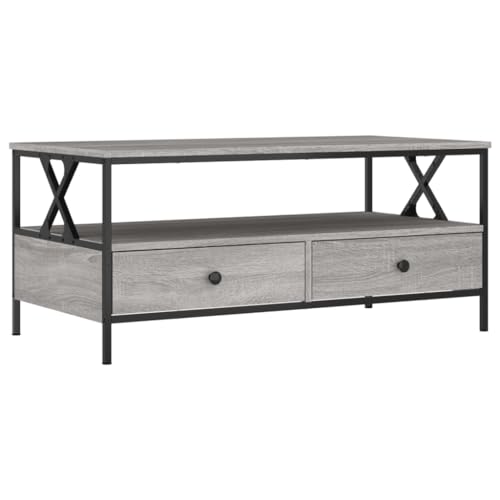 Makastle Couchtisch mit Metallrahmen, Schreibtisch mit 2 Schubladen & 2 Fächer für Wohnzimmer Büro, Grau Sonoma 100x51x45 cm Holzwerkstoff von Makastle