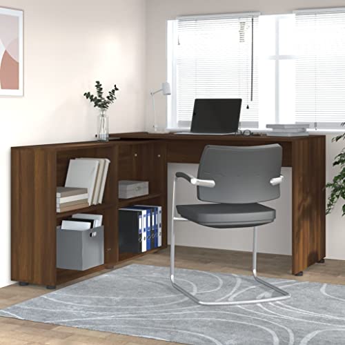 Makastle Eckschreibtisch, L Form Schreibtisch mit 4 Regale, Workstation Computertisch Bürotisch für Homeoffice, einfacher Aufbau, Braun Eichen-Optik Holzwerkstoff von Makastle