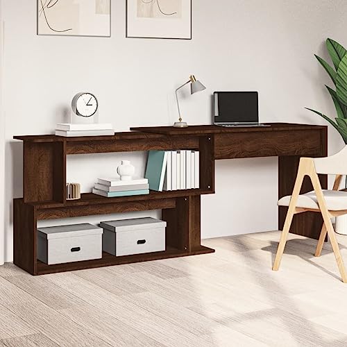 Makastle Eckschreibtisch L-Form Schreibtisch mit 2 offenen Fächern, Workstation Computertisch Bürotisch für Homeoffice, einfacher Aufbau, Braun Eichen-Optik 200x50x76 cm Holzwerkstoff von Makastle