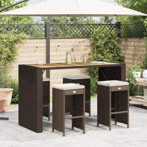 Makastle Garten-Barhocker mit Cremeweiß Kissen, 4er Set, Küchenstühl mit Stahlrahmen für Balkon Terrasse, Pflegeleicht, Braun 40 x 40 x 76 cm Poly Rattan von Makastle