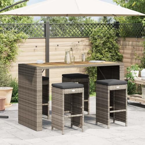 Makastle Garten-Barhocker mit Grau Kissen, 4er Set, Küchenstühl mit Stahlrahmen für Balkon Terrasse, Pflegeleicht, Grau 40 x 40 x 76 cm Poly Rattan von Makastle