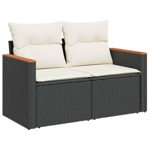 Makastle Garten-Ecksofa mit Rückenlehne 2er Set, Balkonsofa mit Stahlrahmen & Cremeweiß Kissen für Terrasse Hinterhof, Schwarz 124 x 62 x 69 cm Poly Rattan von Makastle