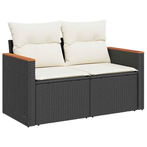 Makastle Garten-Ecksofa mit Stauraum 2er Set, Balkonsofa mit Stahlrahmen & Cremeweiß Kissen für Terrasse Hinterhof, Schwarz 124 x 62 x 69 cm Poly Rattan von Makastle