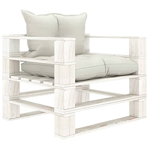 Makastle Garten-Palettensofa mit Rückenlehne & Armlehne, Outdoor-Sofa mit Beige Kissen für Terrasse Balkon, Weiß 80 x 67,5 x 60,8 cm Kiefernholz Makastle Garten-Palettensofa mit Rückenlehne & Armlehne, Outdoor-Sofa mit Beige Kissen für Terrasse Balkon, Weiß 80 x 67,5 x 60,8 cm Kiefernholz von Makastle